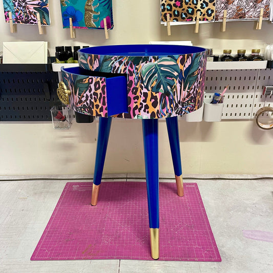 Leopard with Palm - Cobalt blue, pink and orange side table. Leopard print design with leaf design. Personalised round nightstand and side table.