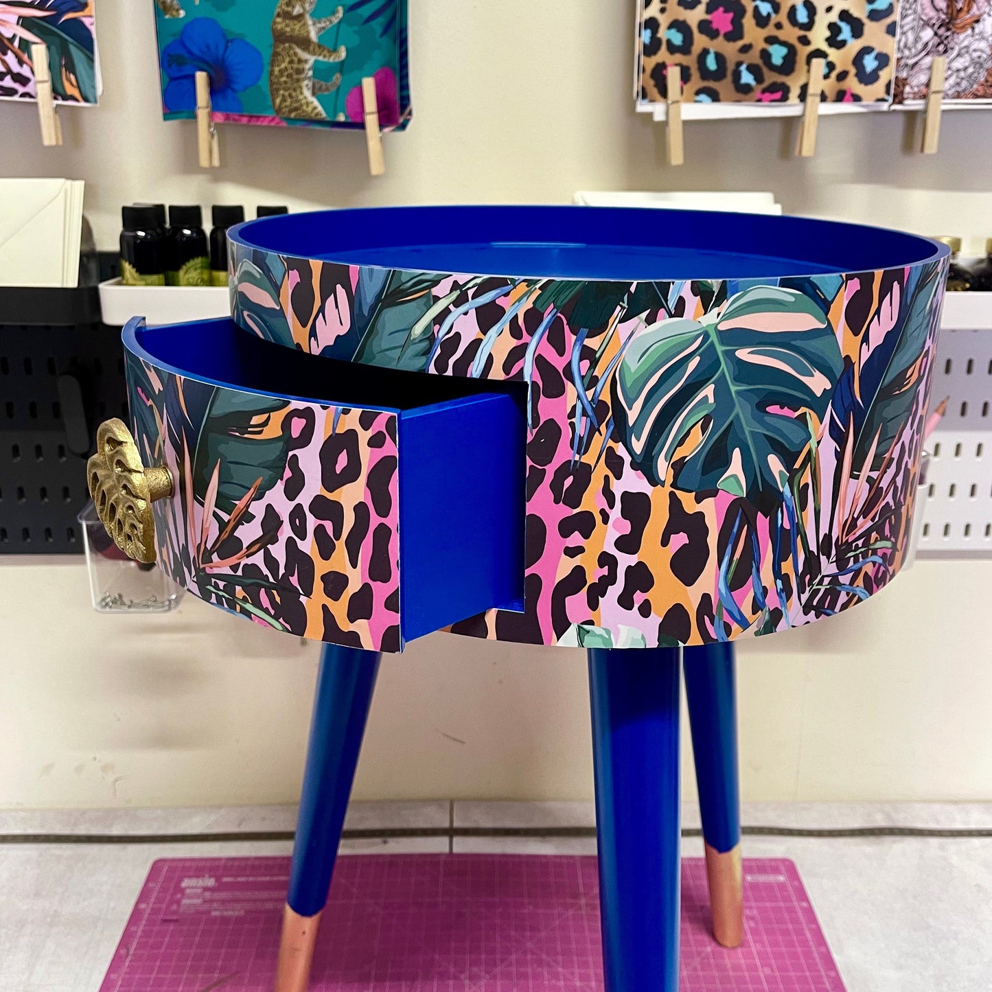 Leopard with Palm - Cobalt blue, pink and orange side table. Leopard print design with leaf design. Personalised round nightstand and side table.