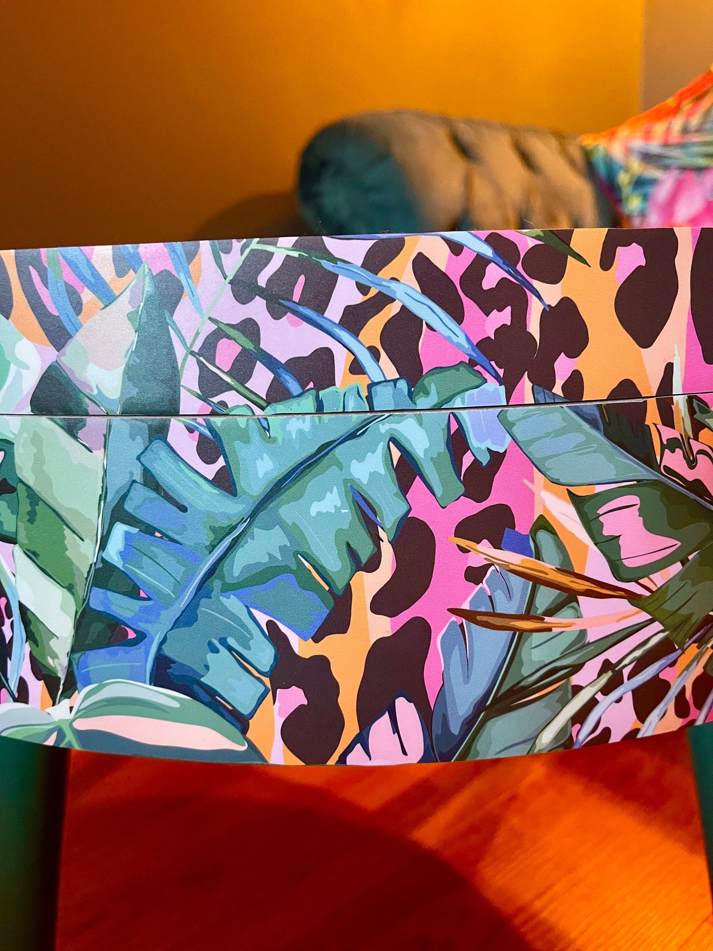 Round coffee table , tropical green pink and orange leopard print , Animal and floral print.  Round table, lift off top for storage