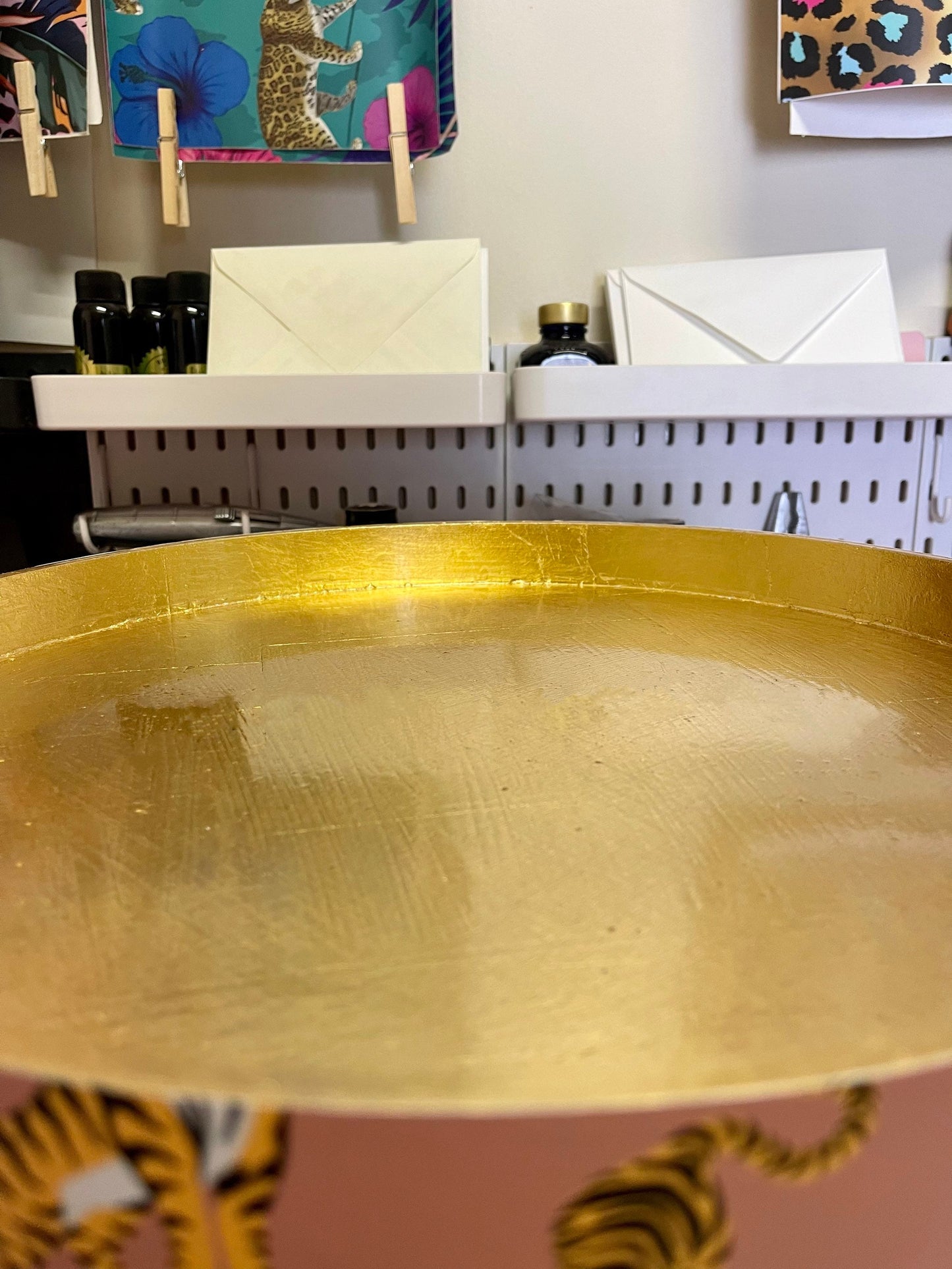 Tiger Table - Tan,  round bedside table . Coffee coloured and white nightstand or side table. Imitation Gold leaf top