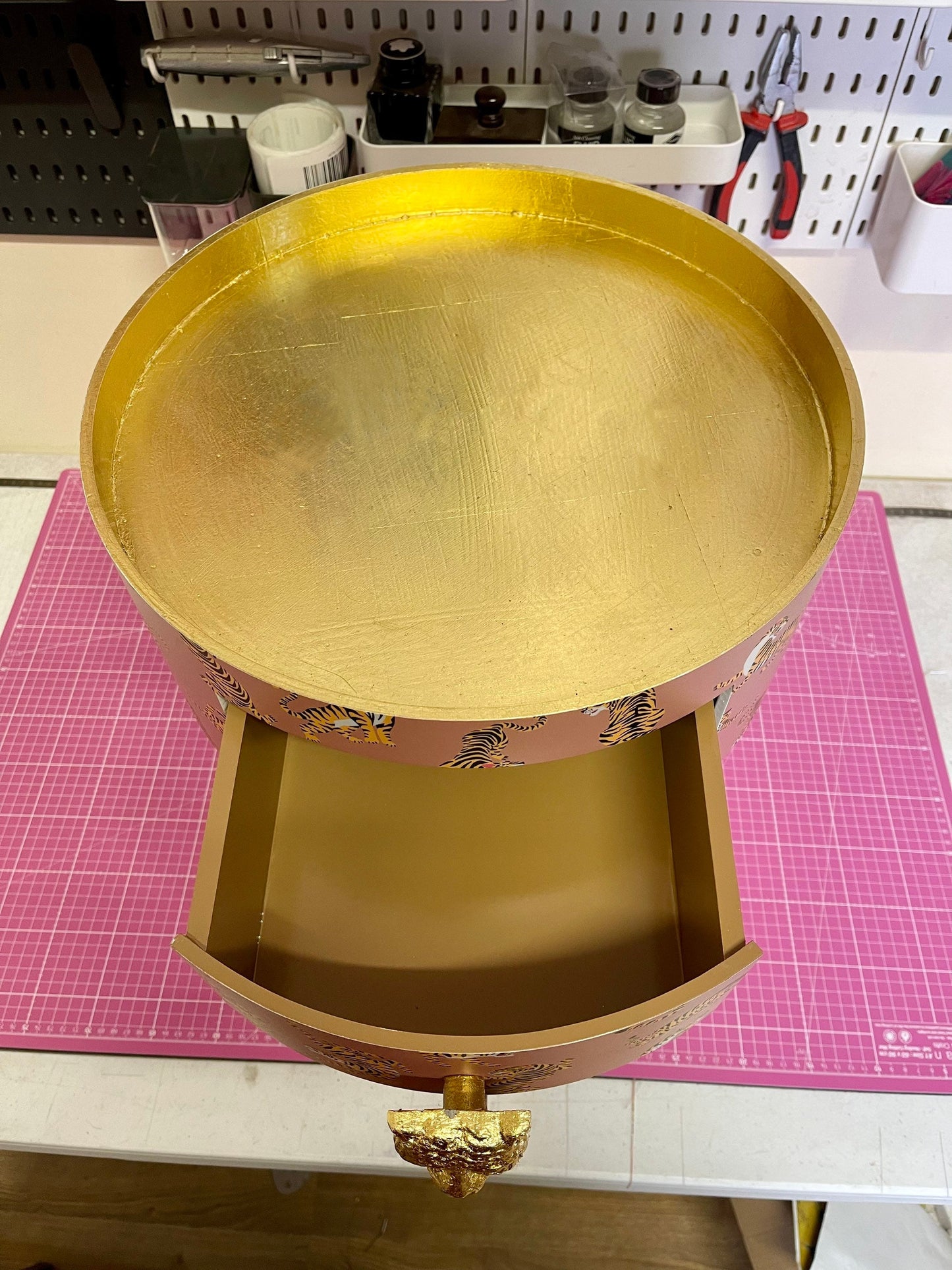 Tiger Table - Tan,  round bedside table . Coffee coloured and white nightstand or side table. Imitation Gold leaf top