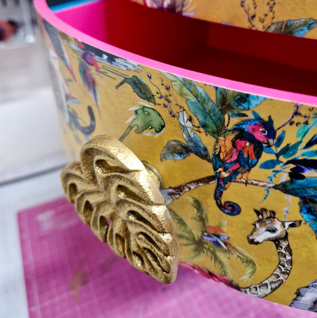 Round Hot Pink Nightstand with drawer, yellow animal print bedside table, turquoise legs, flamingo and elephant design, eclectic side table