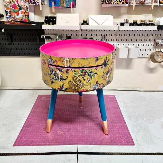 Round Hot Pink Nightstand with drawer, yellow animal print bedside table, turquoise legs, flamingo and elephant design, eclectic side table