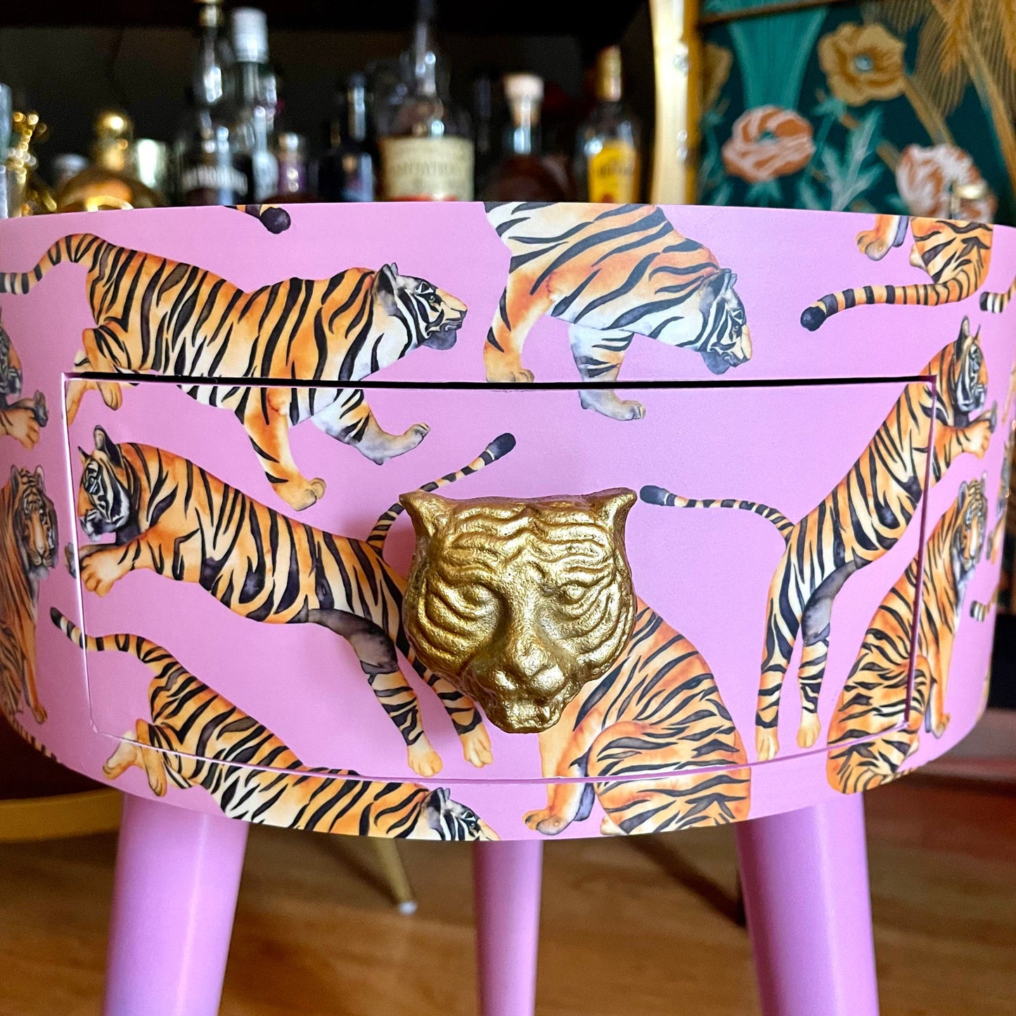 Tiger Table - Light Pink with Glitter bedside table.  Fun Bright Home Decor . Ideal Nightstand or side table. taller legs