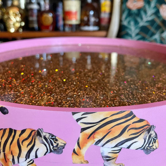 Tiger Table - Light Pink with Glitter bedside table.  Fun Bright Home Decor . Ideal Nightstand or side table. taller legs