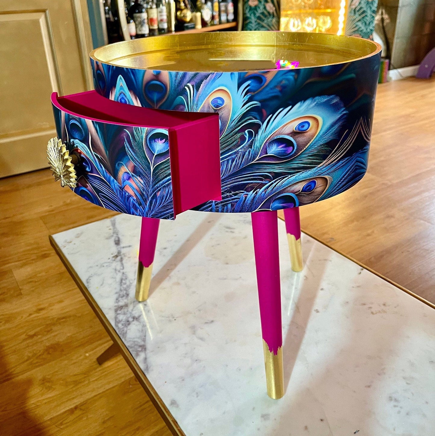 Peacock - Hot Pink , blue, green and teal jewel colours, opulent nightstand, hot pink and navy bedside table, round small table