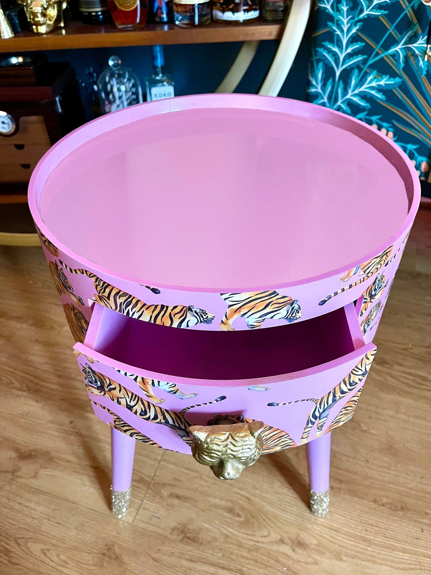 Tiger Table - Light Pink round bedside table . Fun Bright Home Decor . Ideal for Nightstand or side table. Taller legs