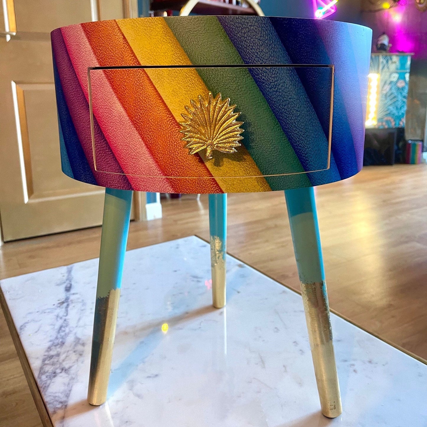 Rainbow stripe side table, Kensington multicoloured round  side table . Multicoloured nightstand, gold leaf bedside table. Mint green legs