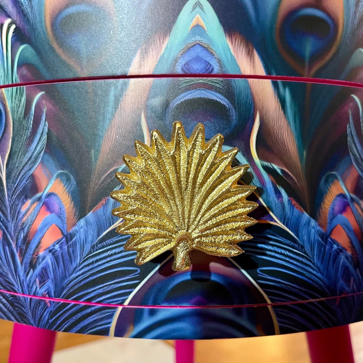 Peacock - Hot Pink , blue, green and teal jewel colours, opulent nightstand, hot pink and navy bedside table, round small table