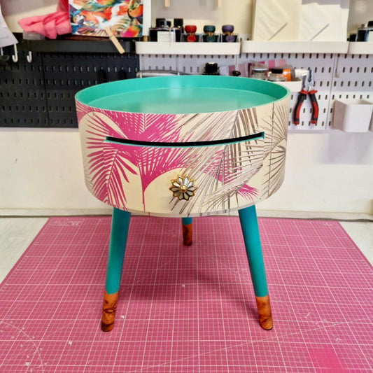 Palm Leaf - Cream, Pink and Mint green bedside table. Palm leaf design nightstand,real metallic swirl leaf legs, ornate bronze and marble effect handle