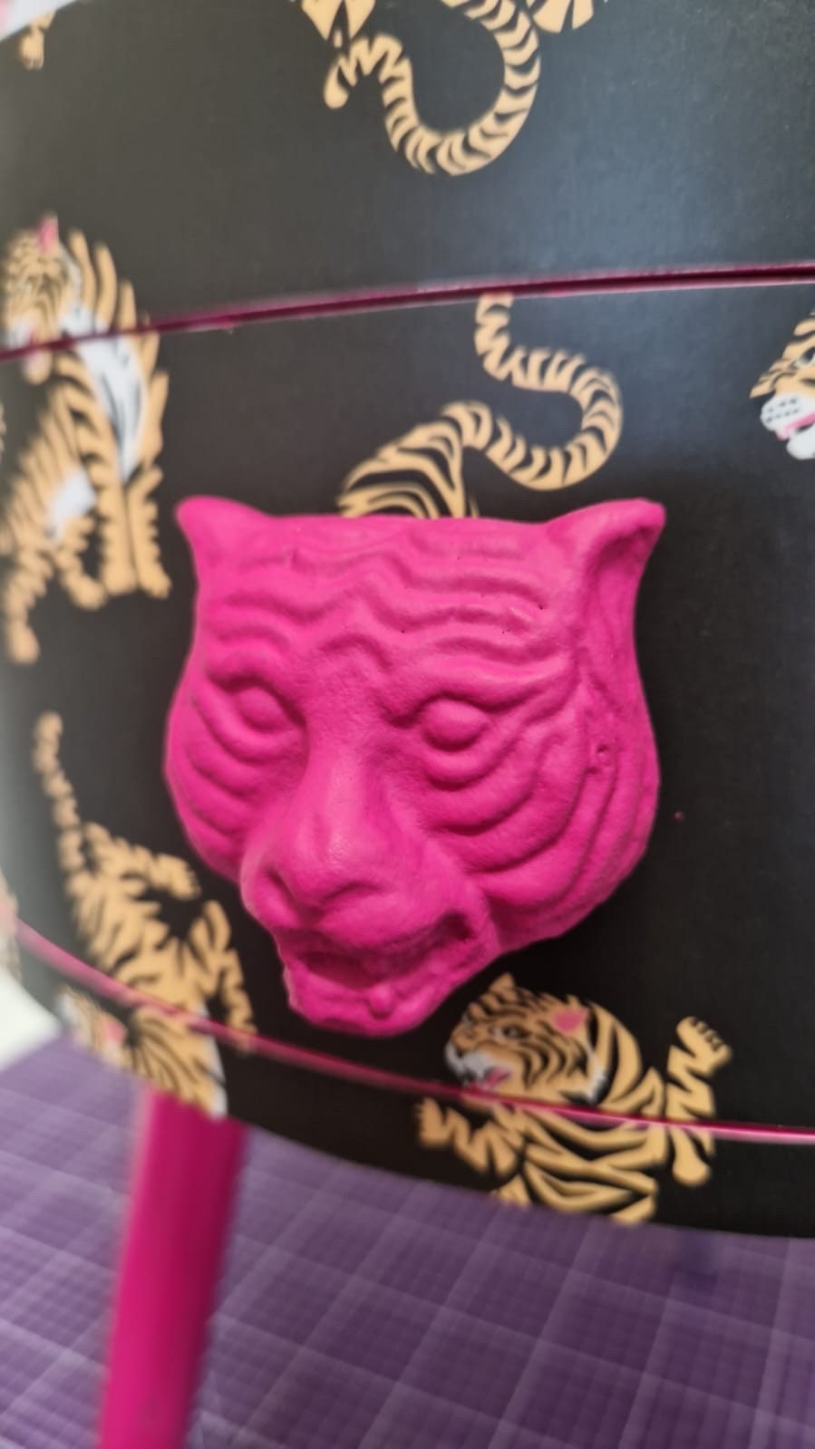 Tiger - Black and hot pink nightstand with tiger design, Eclectic design, Fun Bright Home Decor. Side table storage drawer