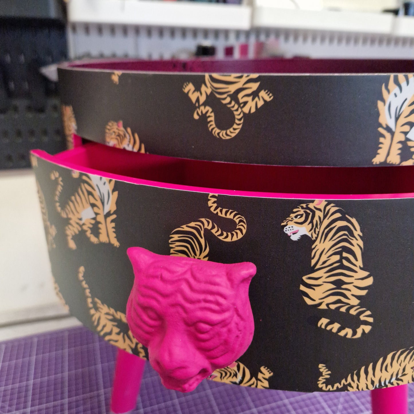 Tiger - Black and hot pink nightstand with tiger design, Eclectic design, Fun Bright Home Decor. Side table storage drawer