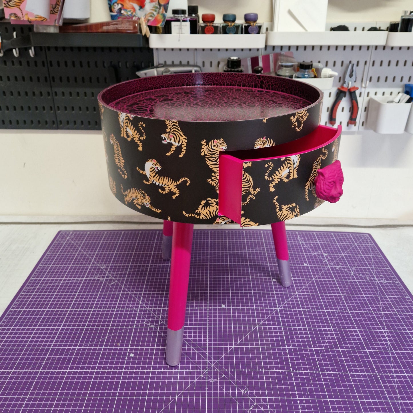 Tiger - Black and hot pink nightstand with tiger design, Eclectic design, Fun Bright Home Decor. Side table storage drawer