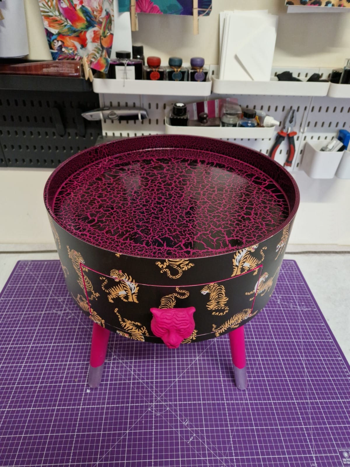 Tiger - Black and hot pink nightstand with tiger design, Eclectic design, Fun Bright Home Decor. Side table storage drawer