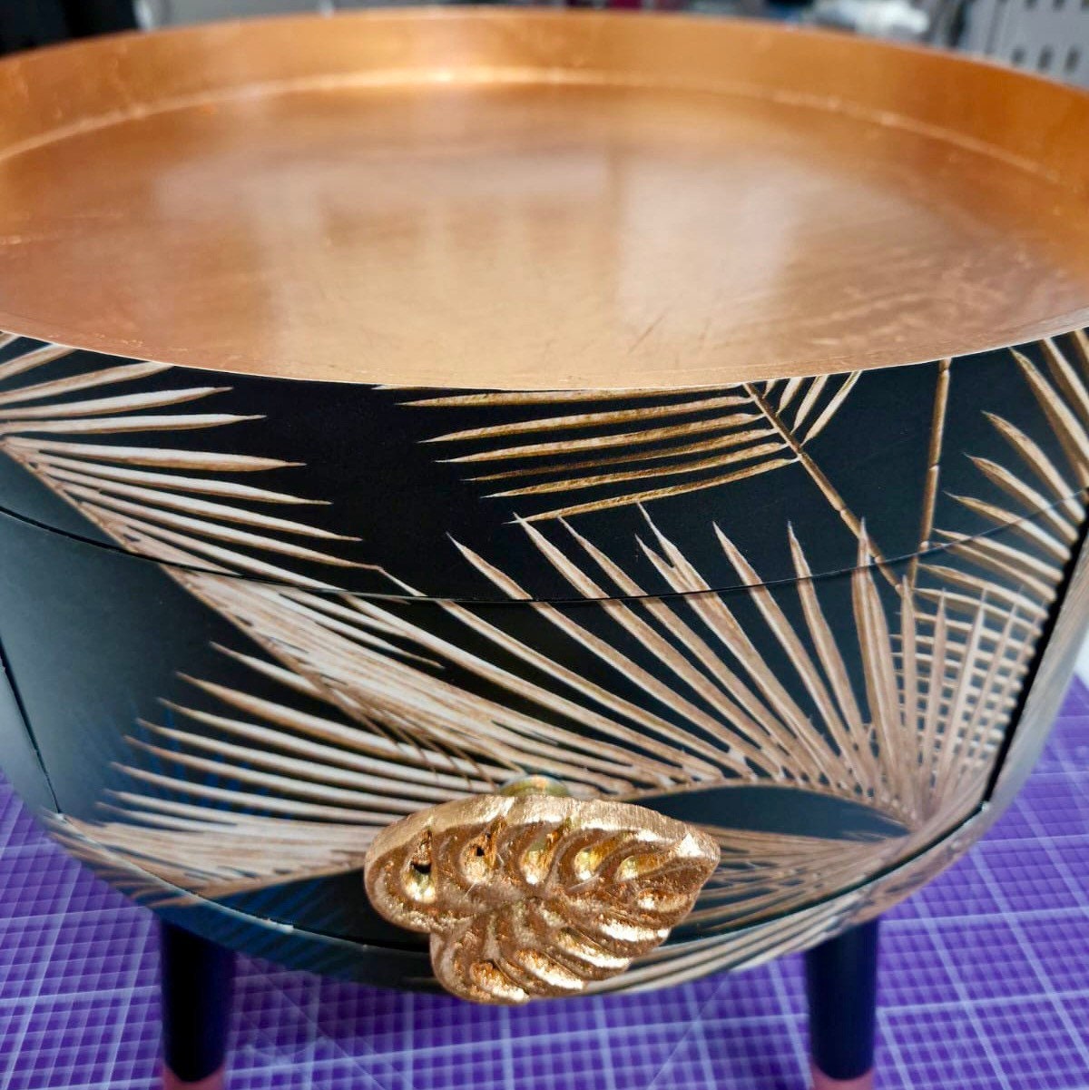 Palm Leaf - Black and Copper bedside table. Palm leaf design nightstand, copper leaf legs, cheese leaf monsterra handle