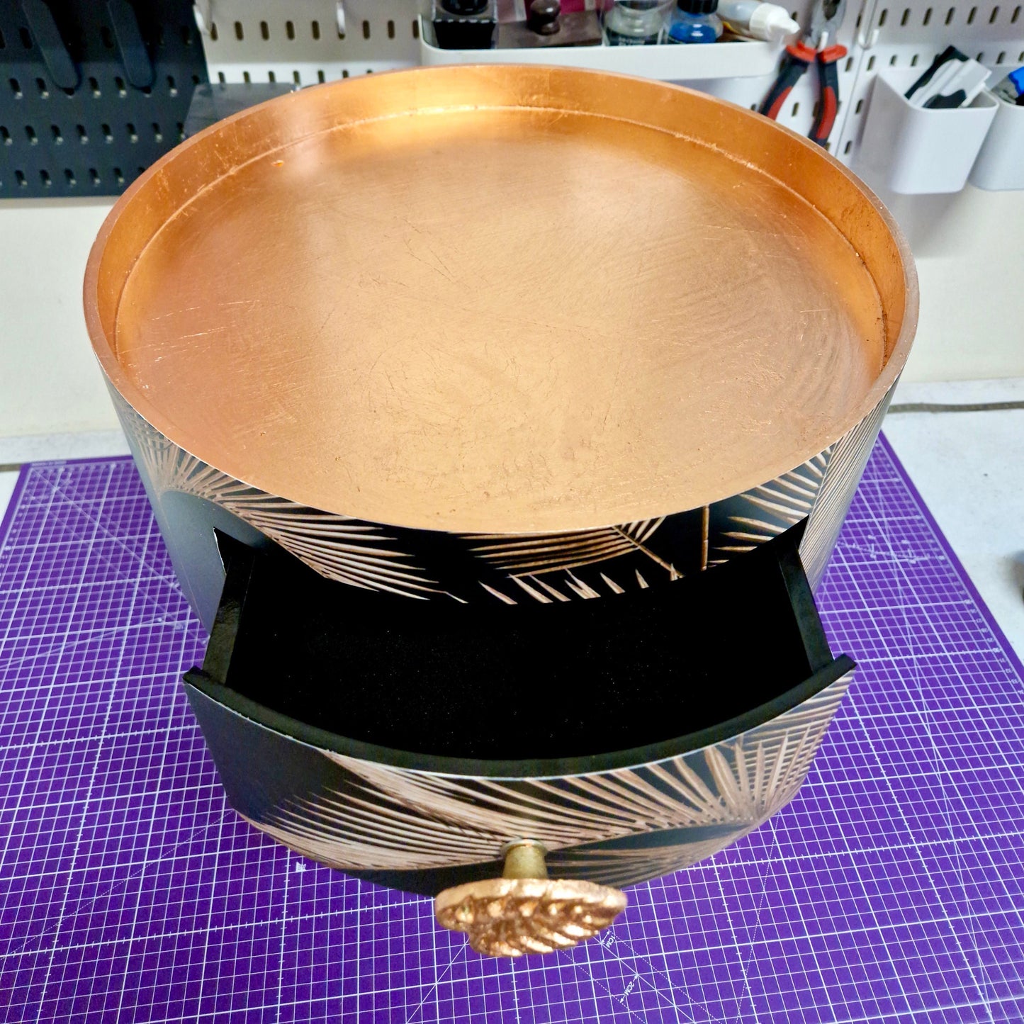 Palm Leaf - Black and Copper bedside table. Palm leaf design nightstand, copper leaf legs, cheese leaf monsterra handle