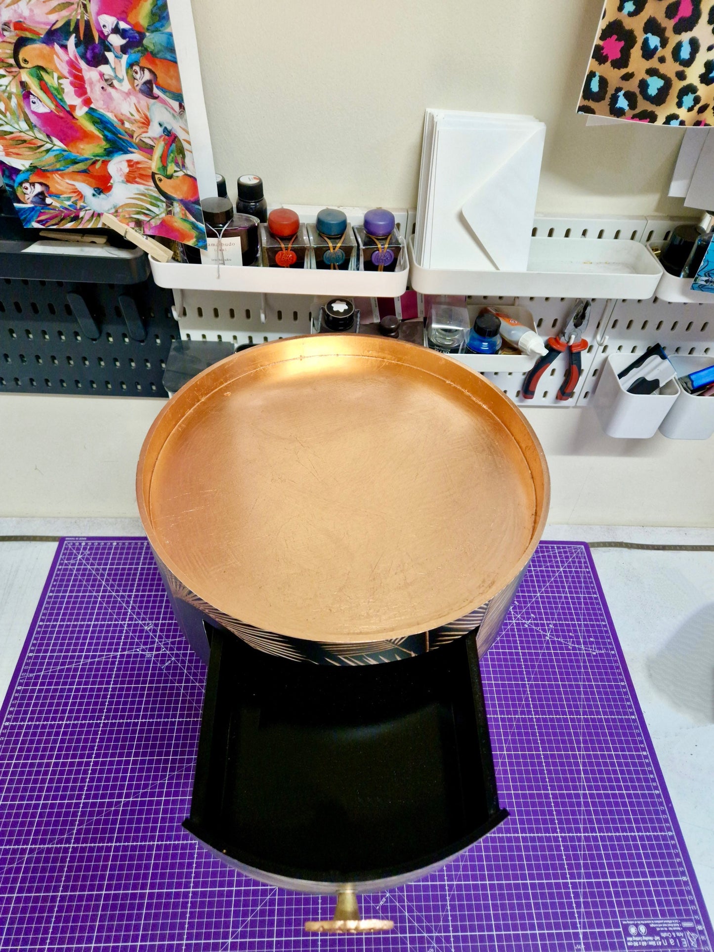 Palm Leaf - Black and Copper bedside table. Palm leaf design nightstand, copper leaf legs, cheese leaf monsterra handle