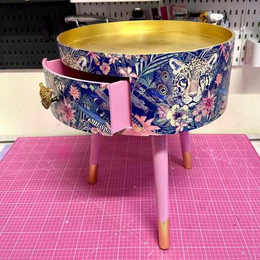 Leopard in Jungle - Gold and Light Pink and tropical round bedside table . Fun Bright Home Decor . Ideal for Nightstand or side table. Blue and pink design