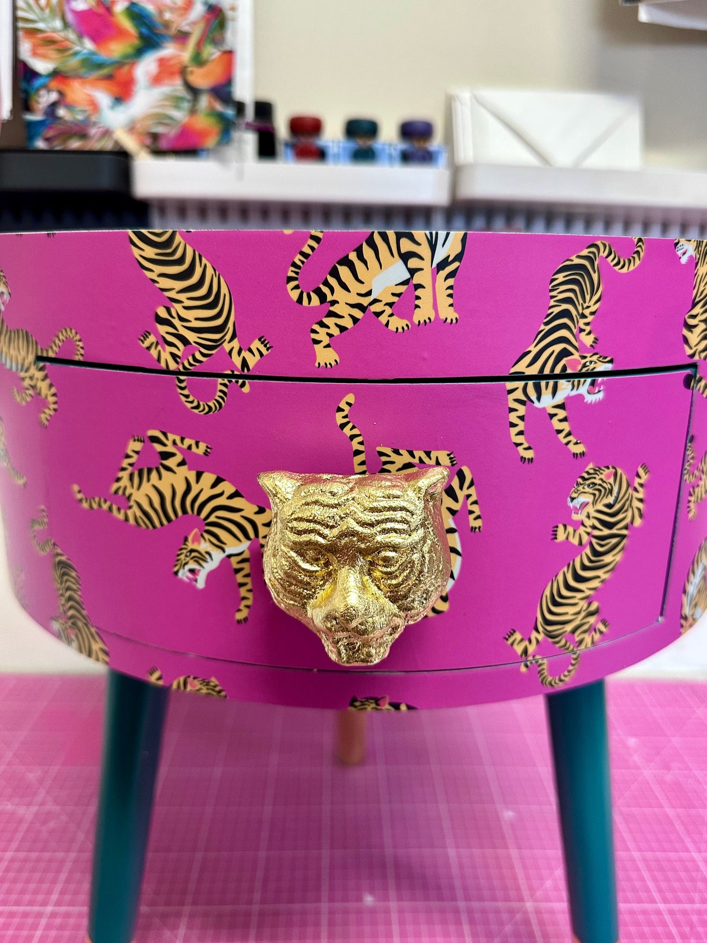 Tiger Table - Hot Pink bedside table emerald top . Fun Bright Home Decor . Ideal for Nightstand or side table. Comes with inbuilt drawer