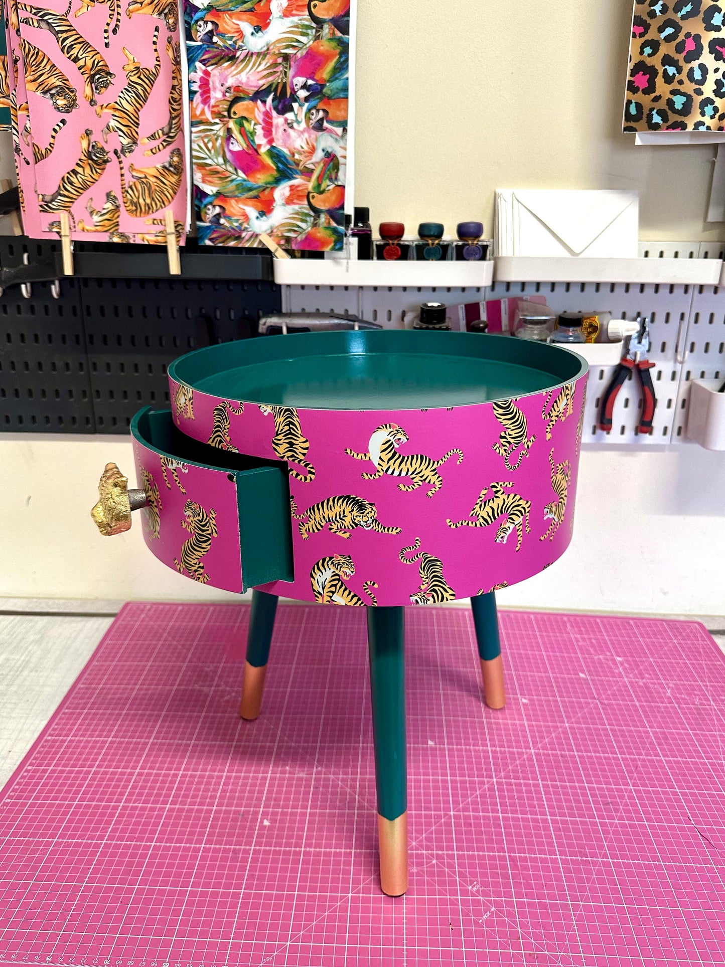 Tiger Table - Hot Pink bedside table emerald top . Fun Bright Home Decor . Ideal for Nightstand or side table. Comes with inbuilt drawer