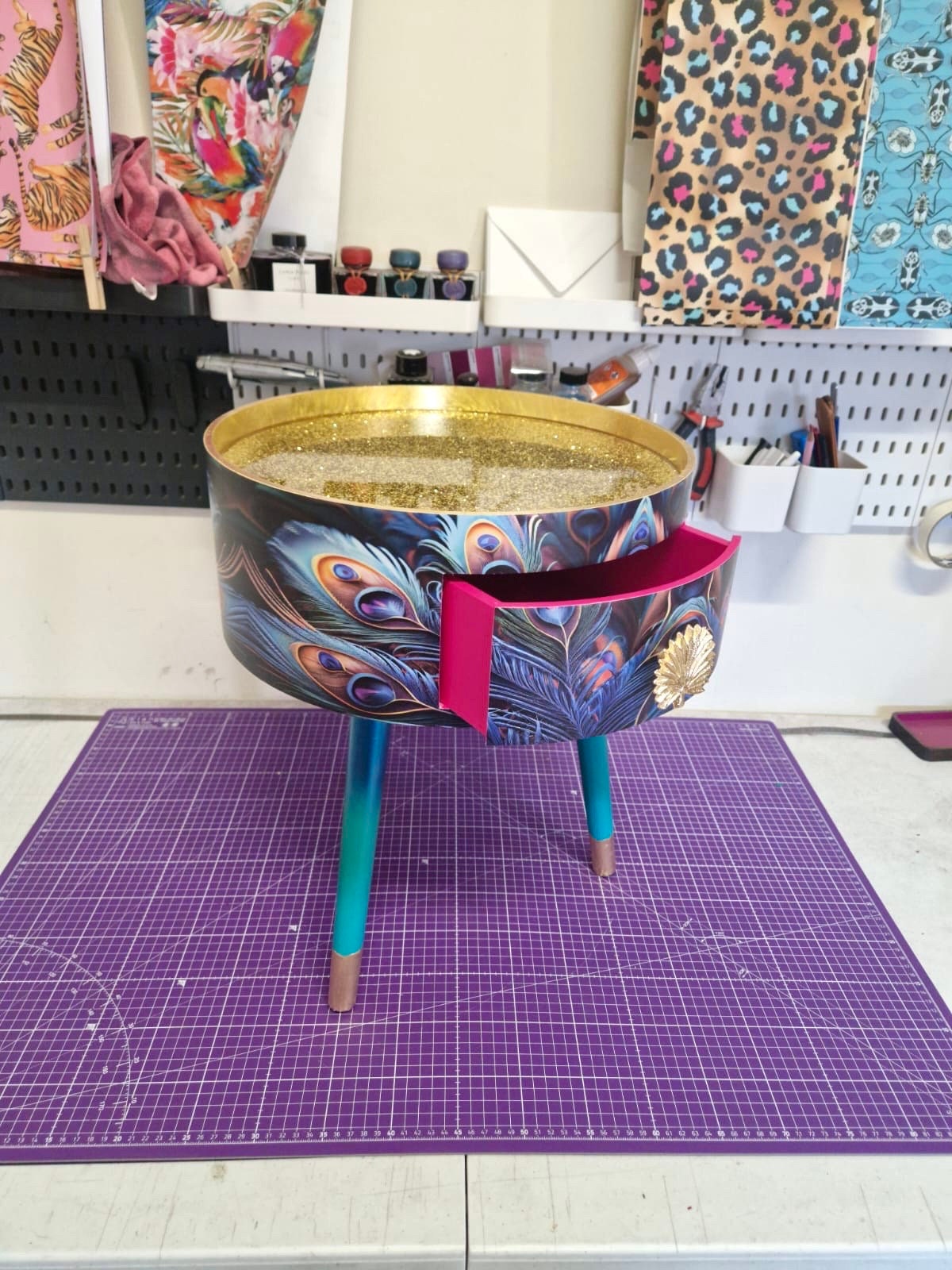 Peacock -  Gold Glitter side table , blue, green and teal jewel colours, opulent nightstand, hot pink and navy bedside table, round small table