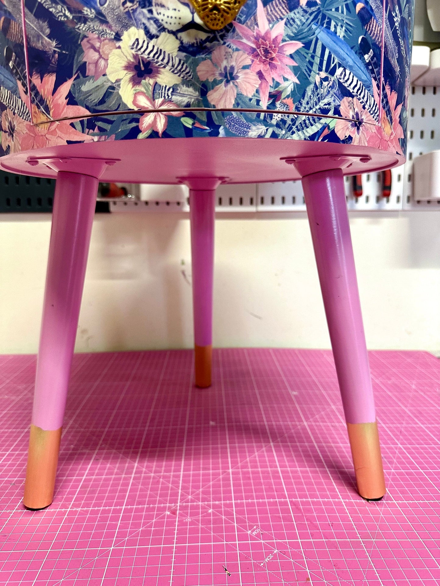 Leopard in Jungle - Gold and Light Pink and tropical round bedside table . Fun Bright Home Decor . Ideal for Nightstand or side table. Blue and pink design