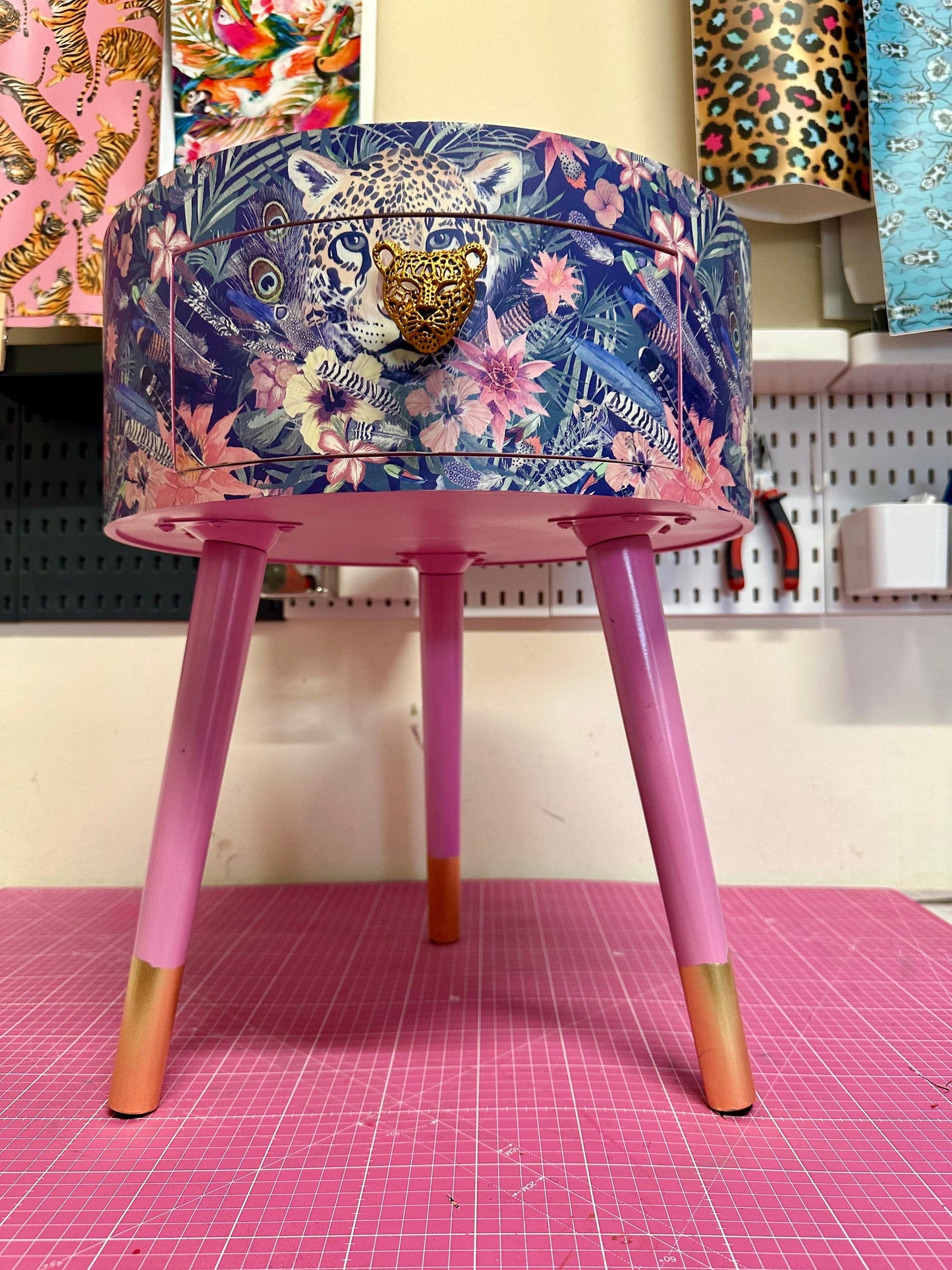 Leopard in Jungle - Gold and Light Pink and tropical round bedside table . Fun Bright Home Decor . Ideal for Nightstand or side table. Blue and pink design