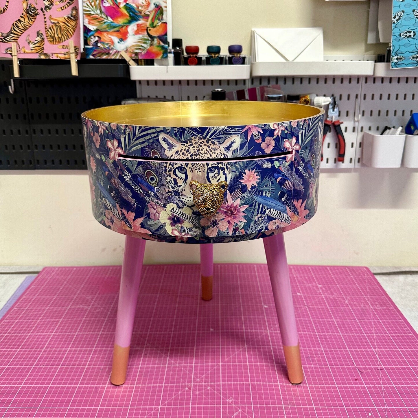 Leopard in Jungle - Gold and Light Pink and tropical round bedside table . Fun Bright Home Decor . Ideal for Nightstand or side table. Blue and pink design