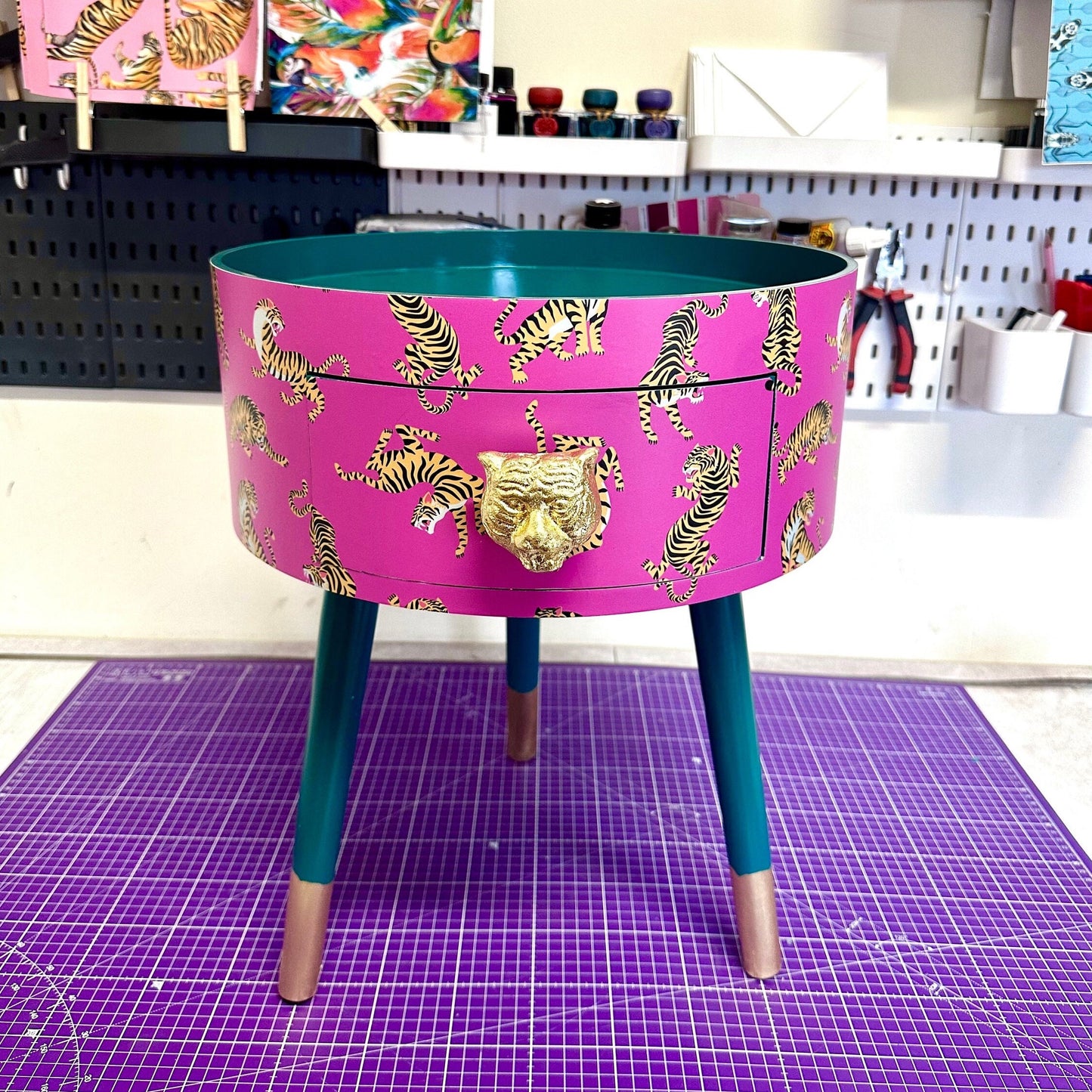 Tiger Table - Hot Pink bedside table emerald top . Fun Bright Home Decor . Ideal for Nightstand or side table. Comes with inbuilt drawer