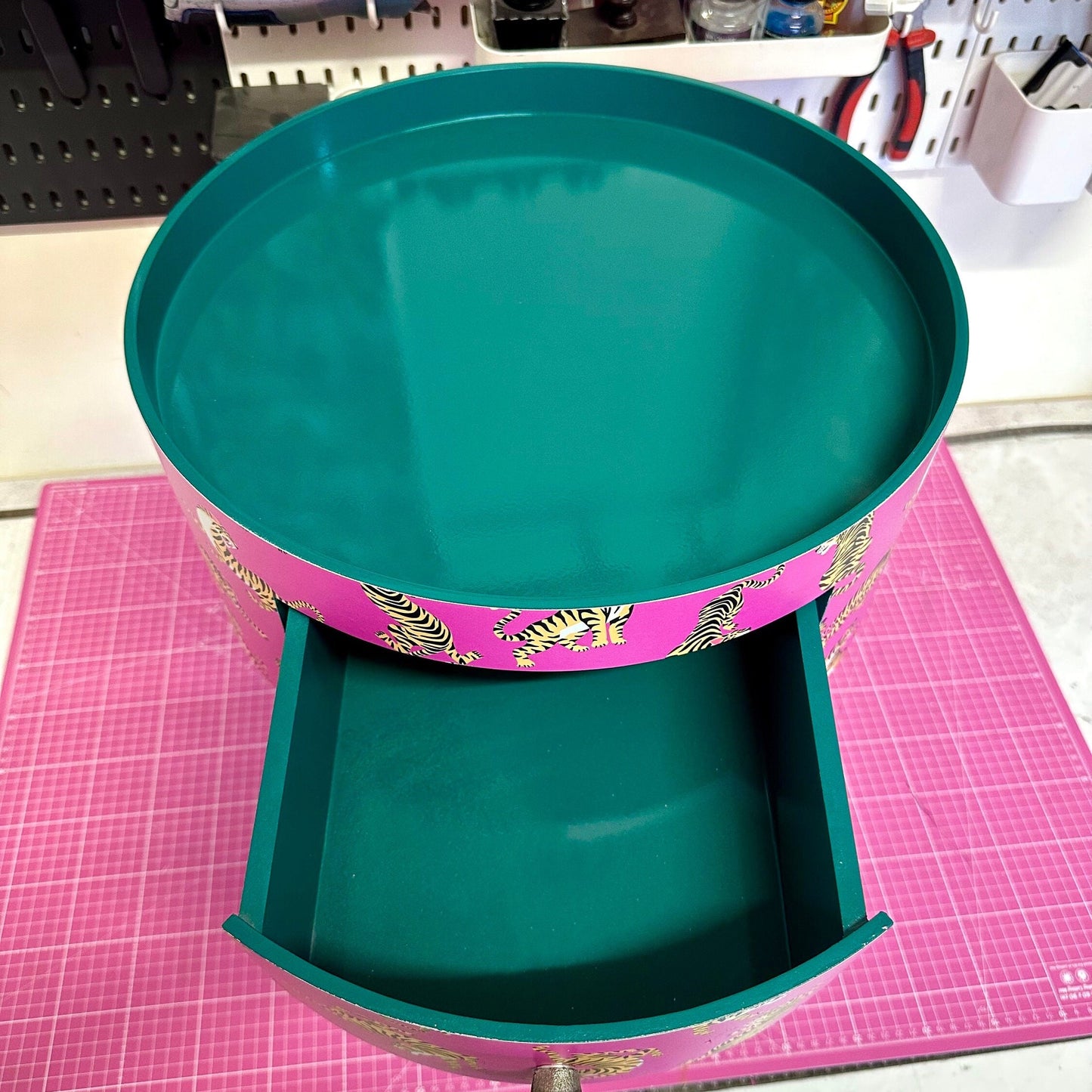 Tiger Table - Hot Pink bedside table emerald top . Fun Bright Home Decor . Ideal for Nightstand or side table. Comes with inbuilt drawer