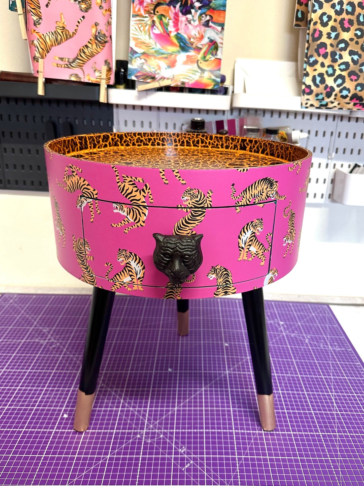 Tiger Table - Hot Pink round bedside table . Fun Bright Home Decor . Ideal for Nightstand or side table. Comes with inbuilt drawer