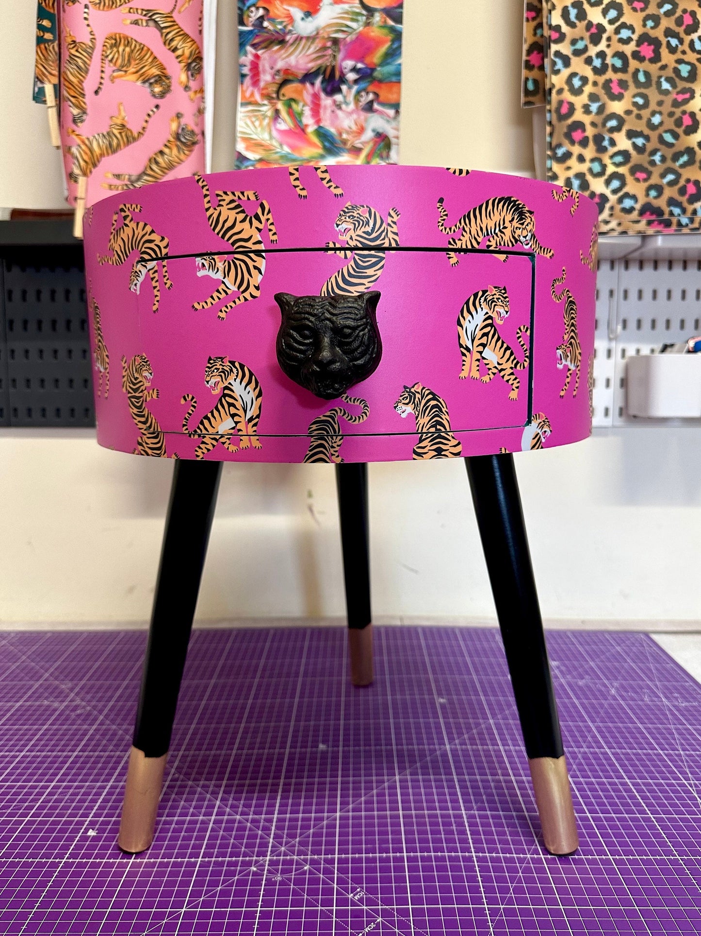 Tiger Table - Hot Pink round bedside table . Fun Bright Home Decor . Ideal for Nightstand or side table. Comes with inbuilt drawer