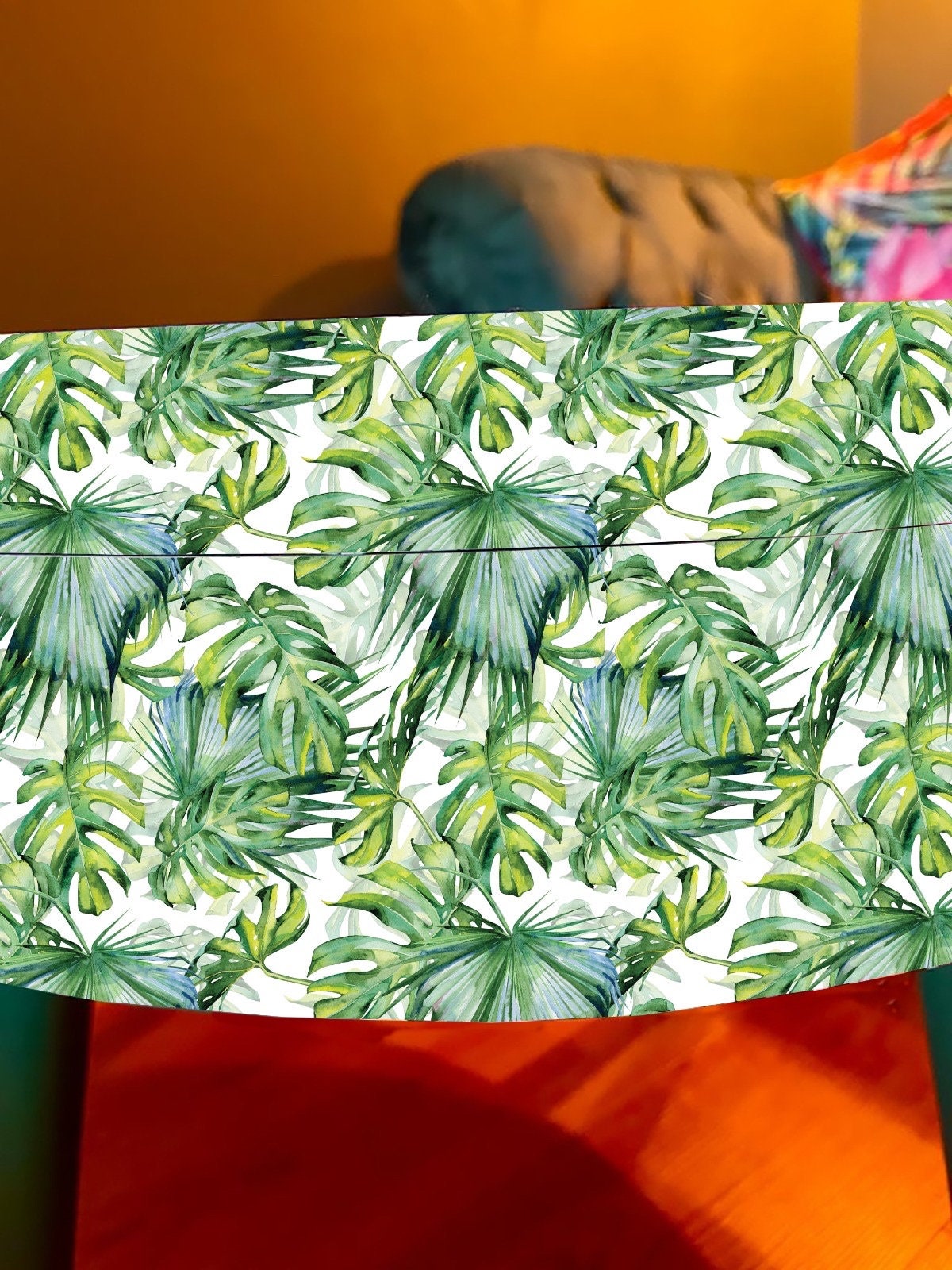 Round coffee table , green botanical and leaf print , jungle and plant print.  Round table, lift off top for storage