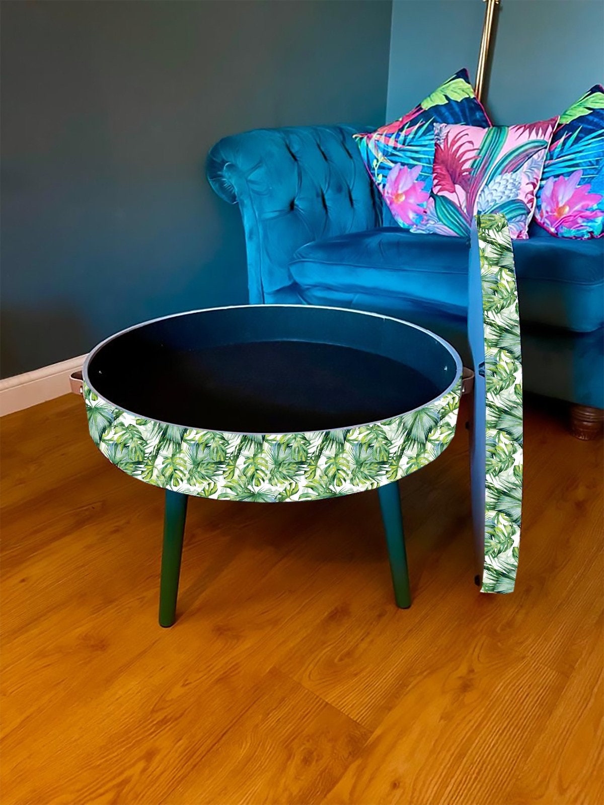 Round coffee table , green botanical and leaf print , jungle and plant print.  Round table, lift off top for storage