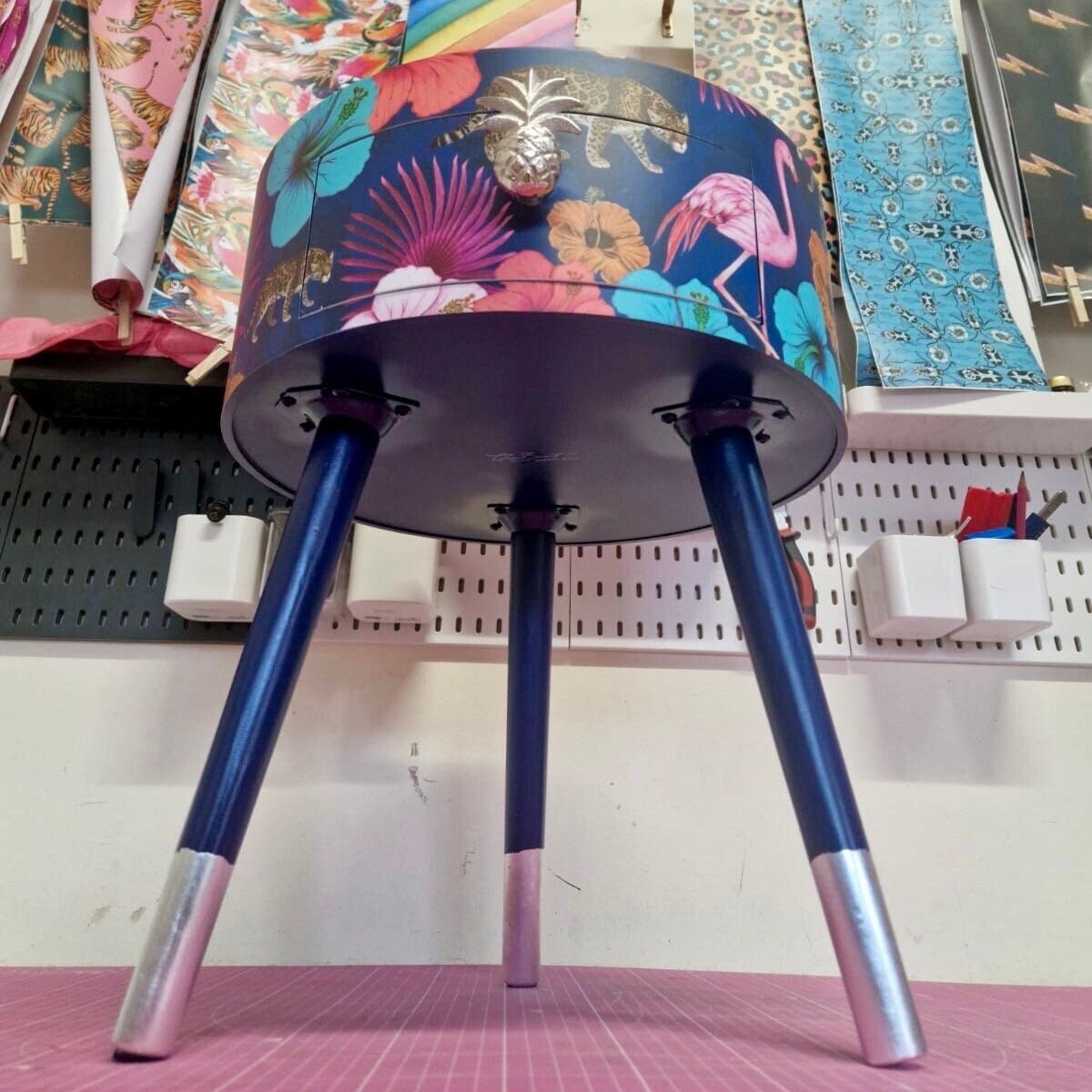 Flocking Fab - Navy Blue and silver tropical side table . Flamingo and leopard print nightstand , silver leaf  bedside table , flamingo and cheetah design