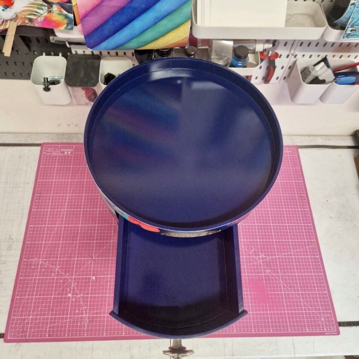 Flocking Fab - Navy Blue and silver tropical side table . Flamingo and leopard print nightstand , silver leaf  bedside table , flamingo and cheetah design