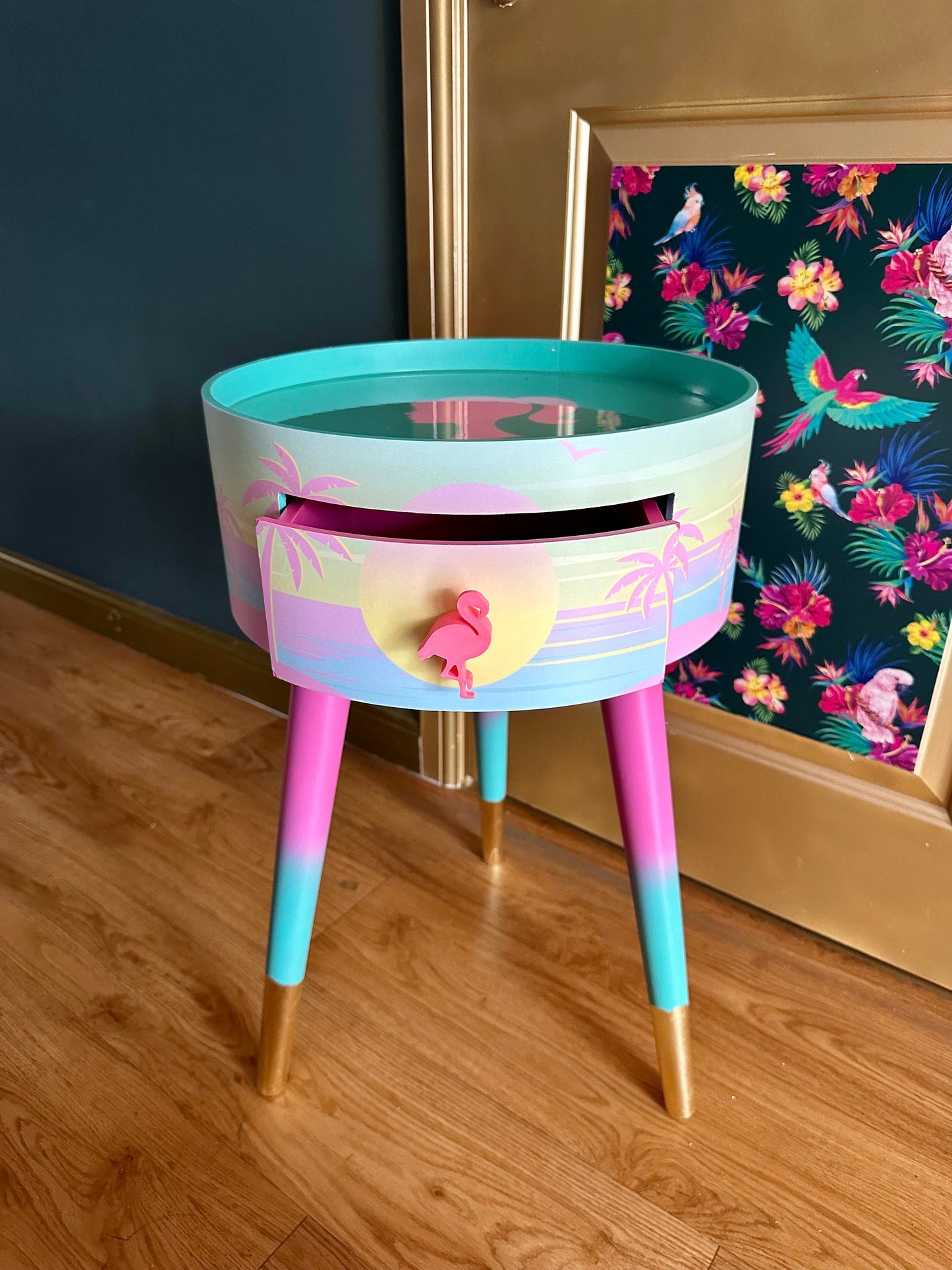 Malibu - Pink with Barbie on top.  mint and pink ombre, sunset, flamingo, Palm Springs nightstand , doll detail, taller legs