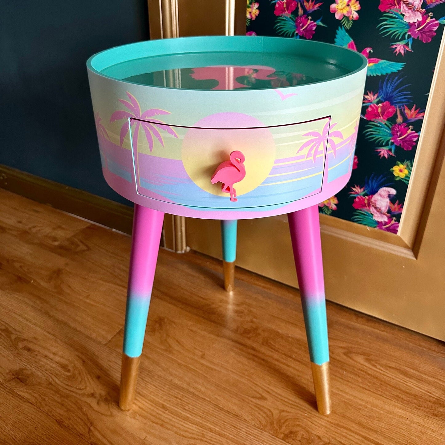 Malibu - Pink with Barbie on top.  mint and pink ombre, sunset, flamingo, Palm Springs nightstand , doll detail, taller legs