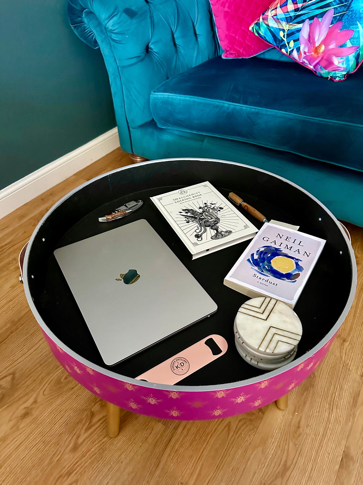 Round pink coffee table , gold and pink bee design, gold leaf legs, lift off top, large lounge table , ideal for living room