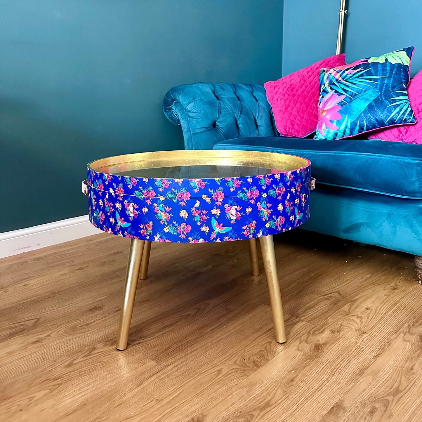 Round cobalt blue and pink coffee table , tropical parrot floral design, gold leaf top, lift off top, large lounge table , living room