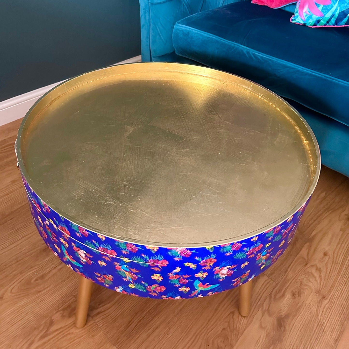 Round cobalt blue and pink coffee table , tropical parrot floral design, gold leaf top, lift off top, large lounge table , living room
