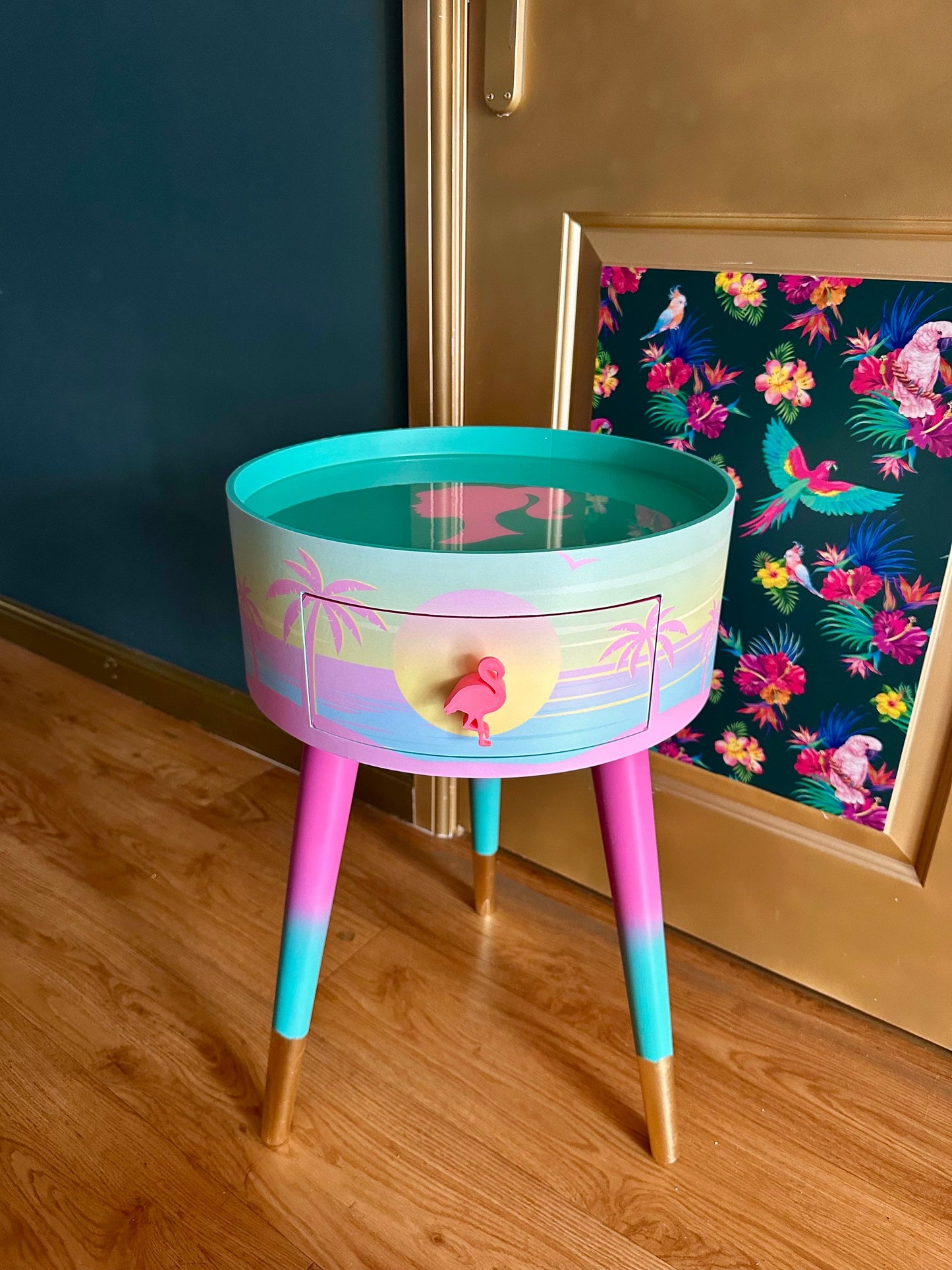 Malibu - Pink with Barbie on top.  mint and pink ombre, sunset, flamingo, Palm Springs nightstand , doll detail, taller legs