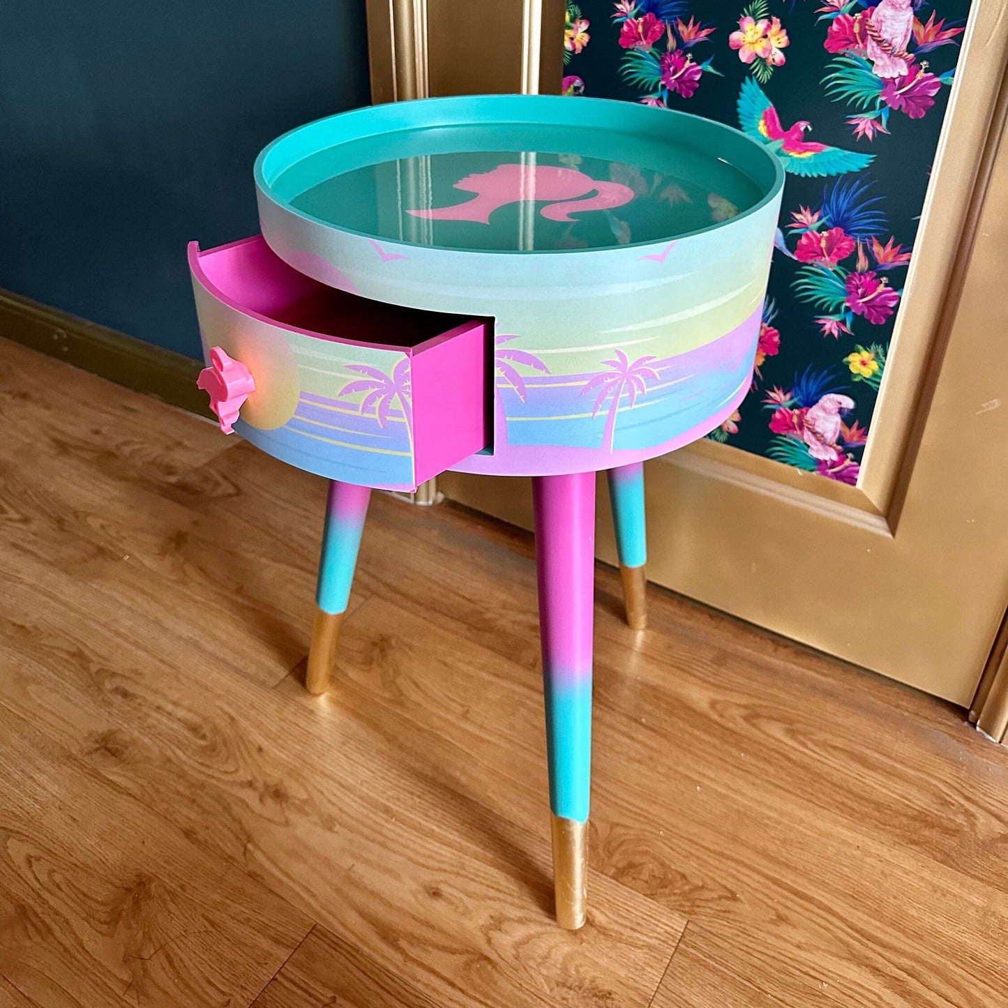 Malibu - Pink with Barbie on top.  mint and pink ombre, sunset, flamingo, Palm Springs nightstand , doll detail, taller legs