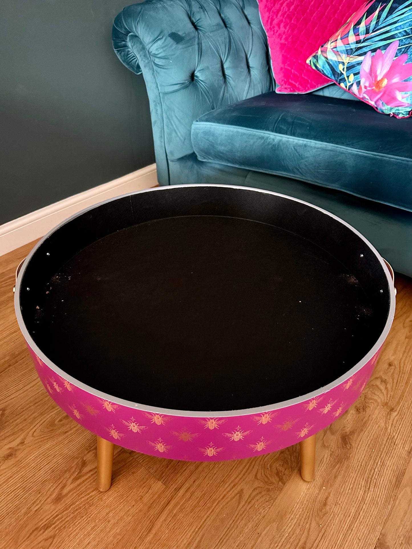 Round pink coffee table , gold and pink bee design, gold leaf legs, lift off top, large lounge table , ideal for living room