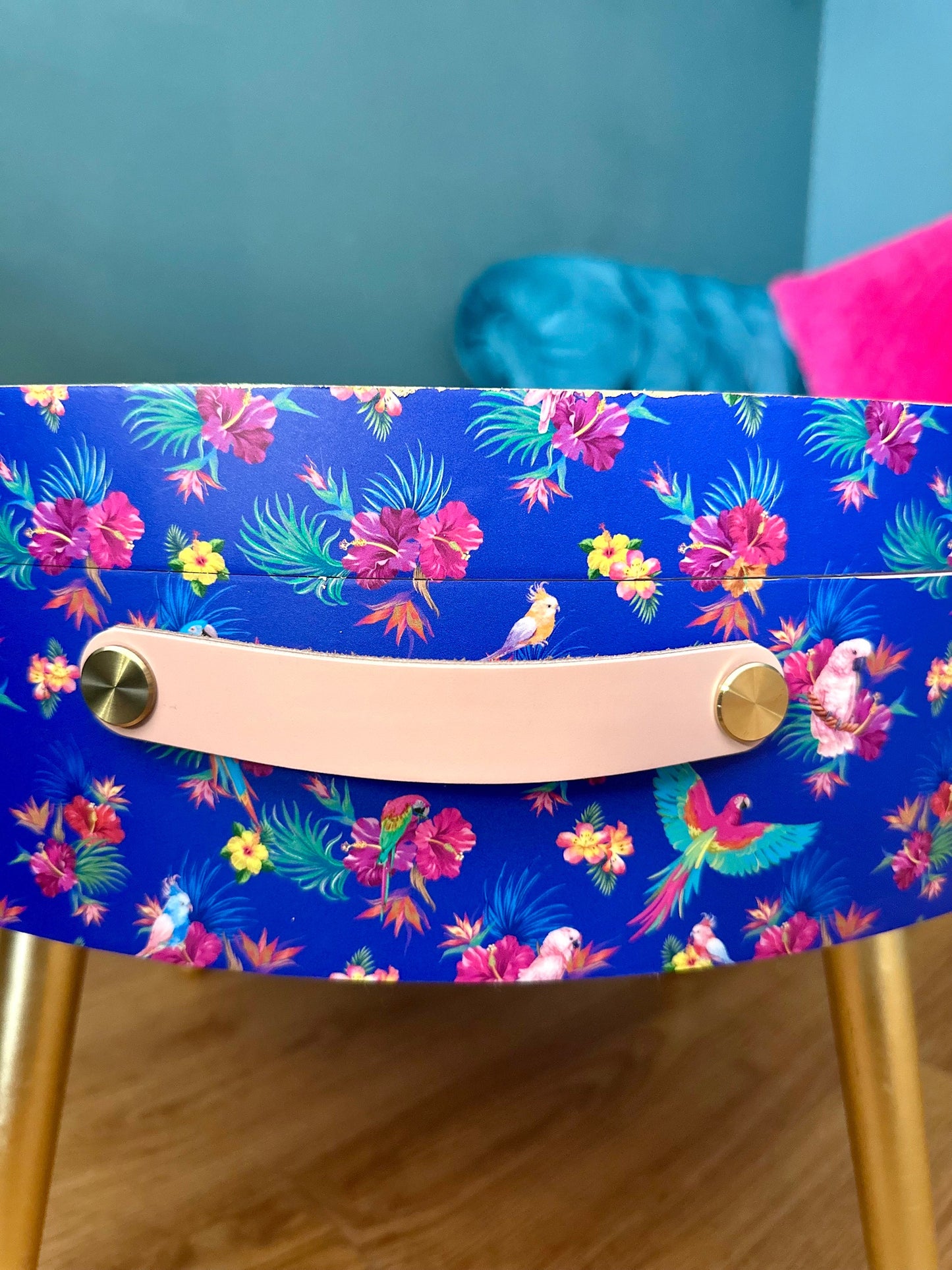 Round cobalt blue and pink coffee table , tropical parrot floral design, gold leaf top, lift off top, large lounge table , living room