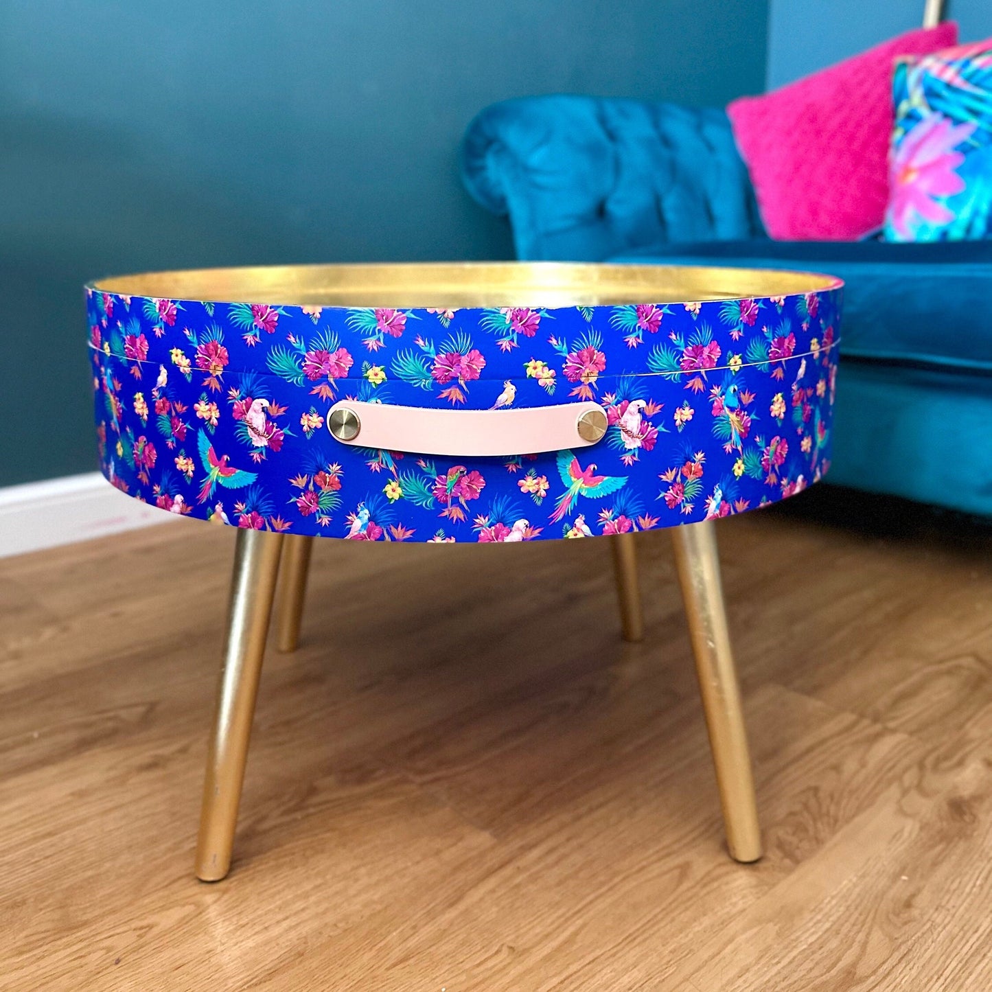 Round cobalt blue and pink coffee table , tropical parrot floral design, gold leaf top, lift off top, large lounge table , living room