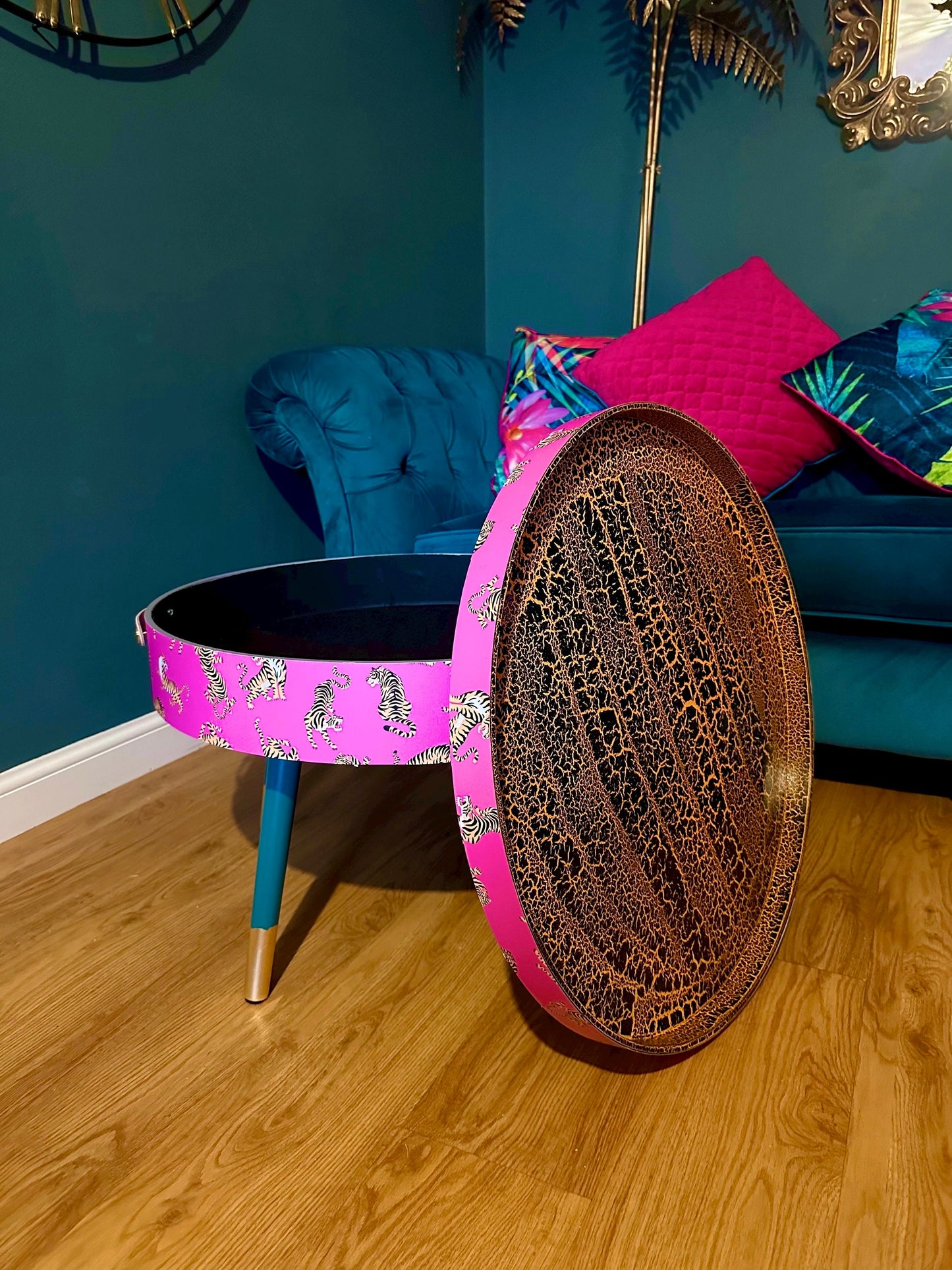Round pink tiger coffee table , emerald and gold design, magenta lift off top, large lounge table , ideal for living room