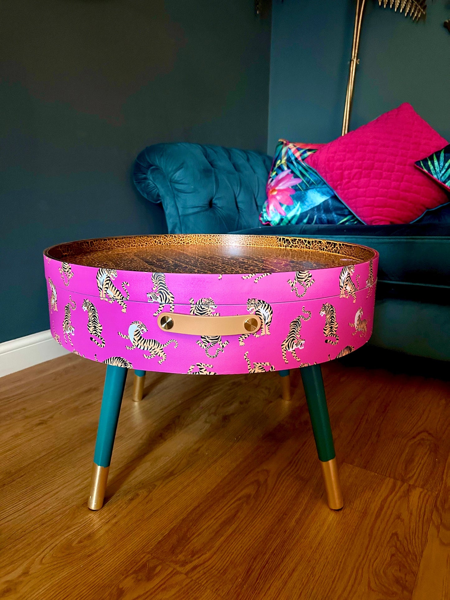 Round pink tiger coffee table , emerald and gold design, magenta lift off top, large lounge table , ideal for living room