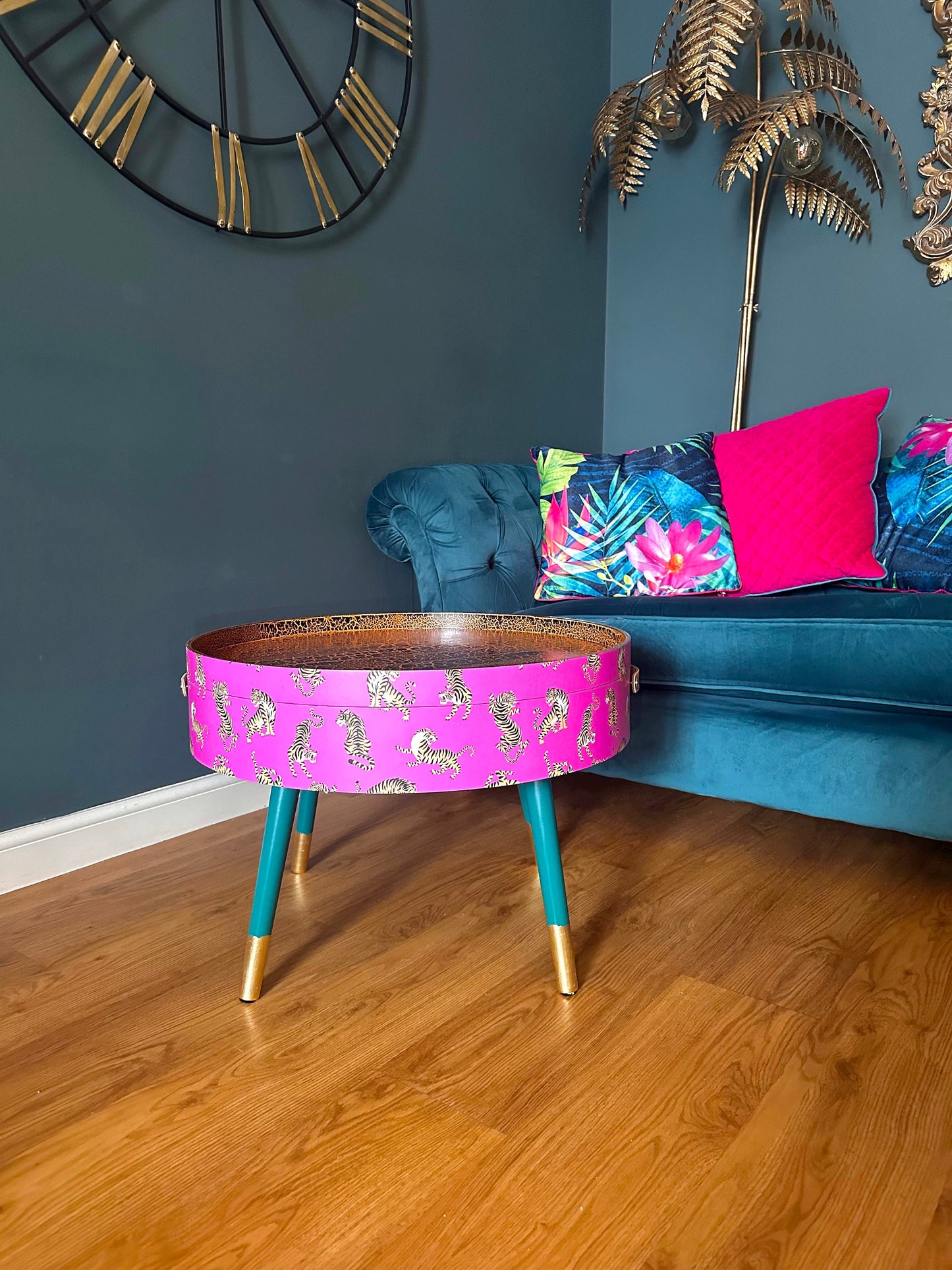 Round pink tiger coffee table , emerald and gold design, magenta lift off top, large lounge table , ideal for living room