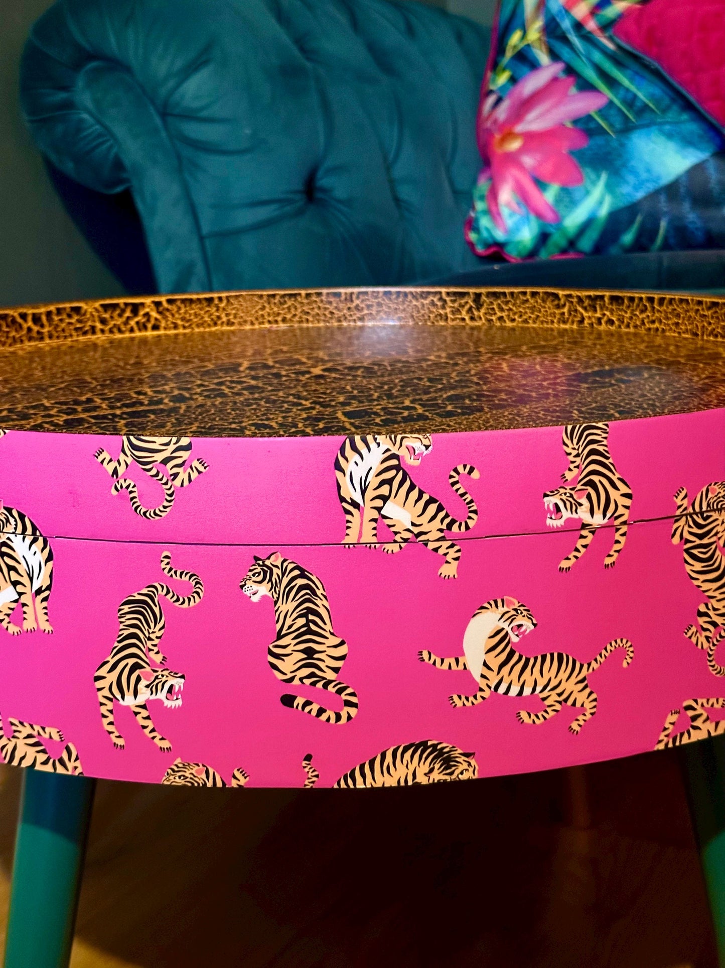 Round pink tiger coffee table , emerald and gold design, magenta lift off top, large lounge table , ideal for living room